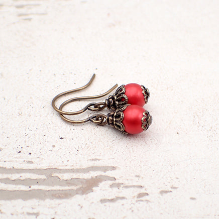 Victorian style handmade small Red and Bronze Crystal Simulated Pearl Earrings