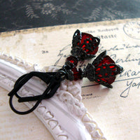 Victorian Gothic Earrings with Dark Blood Red Crystals and Black Metal