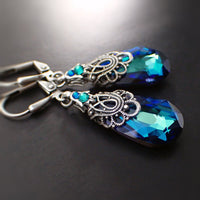Blue Antique Style Crystal Earrings with Antiqued Silver Filigree