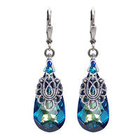 Blue Antique Style Crystal Earrings with Antiqued Silver Filigree