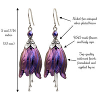 Iridescent Blue and Purple Flower Earrings with Antiqued Silver-Plated Brass