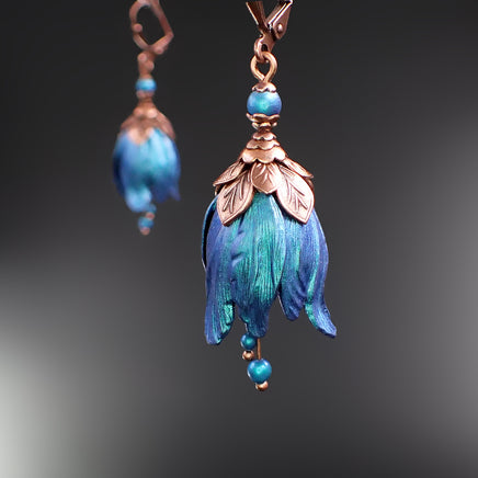 Iridescent Blue and Teal Flower Earrings, Colorful Handmade Victorian Tulip Drops with Antiqued Copper