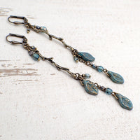 Boho Branch Earrings with Teal Artisan Czech Glass Leaf Beads