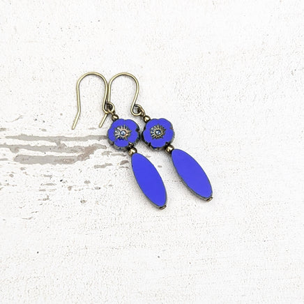Blue Czech Glass Flower Bead Earrings with Metallic Finish and Antiqued Brass