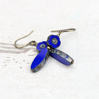 Blue Czech Glass Flower Bead Earrings with Metallic Finish and Antiqued Brass