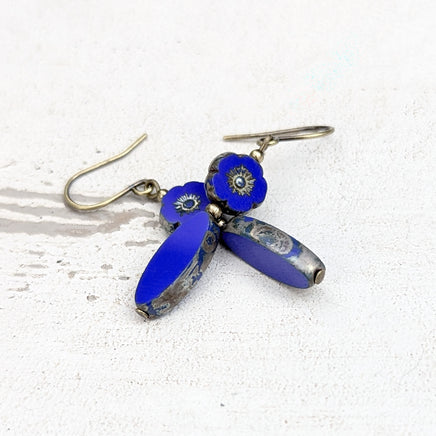 Blue Czech Glass Flower Bead Earrings with Metallic Finish and Antiqued Brass