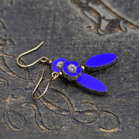 Blue Czech Glass Flower Bead Earrings with Metallic Finish and Antiqued Brass