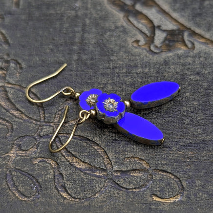 Blue Czech Glass Flower Bead Earrings with Metallic Finish and Antiqued Brass