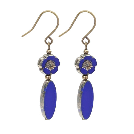 Blue Czech Glass Flower Bead Earrings with Metallic Finish and Antiqued Brass