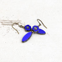 Blue Czech Glass Flower Bead Earrings with Metallic Finish and Antiqued Brass