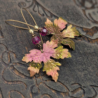 Color Shifting Maple Leaf Earrings With Fuchsia Pink and Light Green Crystals