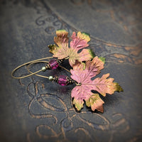 Color Shifting Maple Leaf Earrings With Fuchsia Pink and Light Green Crystals