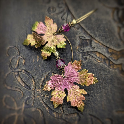 Color Shifting Maple Leaf Earrings With Fuchsia Pink and Light Green Crystals