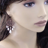 Antique Style Filigree Chandelier Earrings with White Pearls