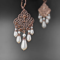 Antique Style Filigree Chandelier Earrings with White Pearls