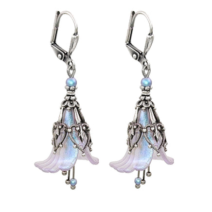 handmade Iridescent Lucite Flower Earrings in Lavender and Blue