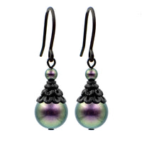 Iridescent Dark Purple Crystal Pearl Handmade Earrings with Black Metal