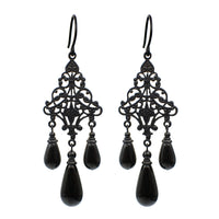 Lacy Gothic Chandelier Earrings with All Black Metal and Crystal Pearls