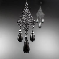 Lacy Gothic Chandelier Earrings with All Black Metal and Crystal Pearls