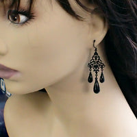 Lacy Gothic Chandelier Earrings with All Black Metal and Crystal Pearls