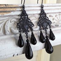 Lacy Gothic Chandelier Earrings with All Black Metal and Crystal Pearls