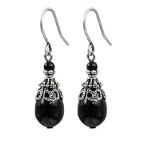 Black Victorian Style Pearl Teardrop Earrings with Antiqued Silver Filigree