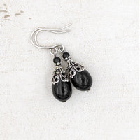 Black Victorian Style Pearl Teardrop Earrings with Antiqued Silver Filigree