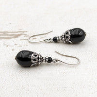 Black Victorian Style Pearl Teardrop Earrings with Antiqued Silver Filigree