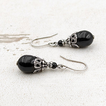 Black Victorian Style Pearl Teardrop Earrings with Antiqued Silver Filigree
