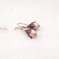 Pearlescent Pink Handmade Earrings with Victorian Style Antiqued Copper Floral Filigree