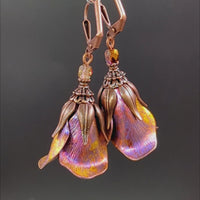 Iridescent Flower Earrings, Pink, Orange, and Yellow with Antiqued Copper