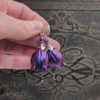 Iridescent Blue and Purple Flower Earrings with Antiqued Silver-Plated Brass