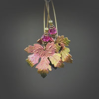 Color Shifting Maple Leaf Earrings With Fuchsia Pink and Light Green Crystals