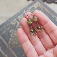 Iridescent Green and Antiqued Copper Autumn Maple Leaf Charm Earrings