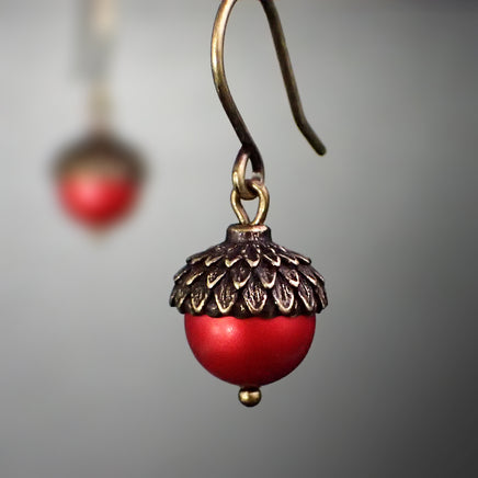 Acorn Earrings with Red Crystal Pearls and Antiqued Brass