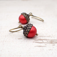 Acorn Earrings with Red Crystal Pearls and Antiqued Brass