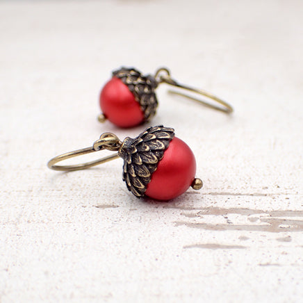 Acorn Earrings with Red Crystal Pearls and Antiqued Brass