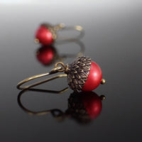 Acorn Earrings with Red Crystal Pearls and Antiqued Brass