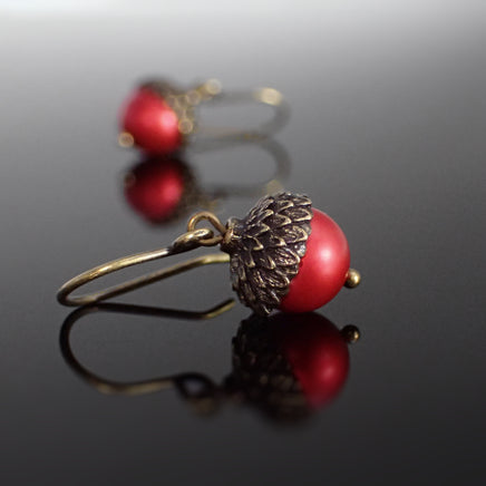 Acorn Earrings with Red Crystal Pearls and Antiqued Brass