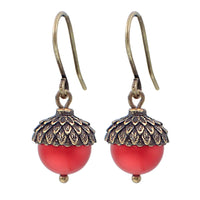 Acorn Earrings with Red Crystal Pearls and Antiqued Brass