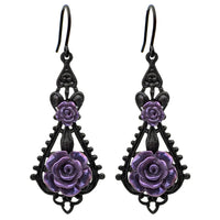 Shabby Iridescent Purple and Black Resin Rose Earrings