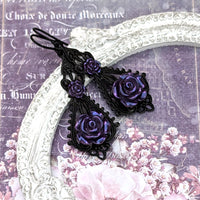 Shabby Iridescent Purple and Black Resin Rose Earrings