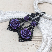 Iridescent Purple and Black gothic victorian Resin Rose Earrings