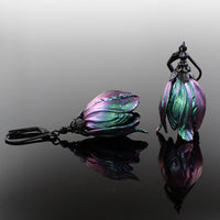 Iridescent Color Shifting Large Tulip Flower Earrings in Purple and Green
