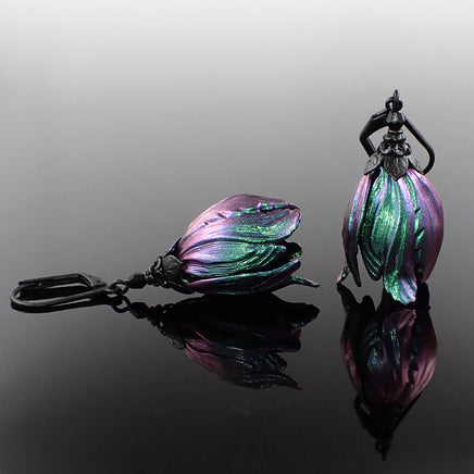 Iridescent Color Shifting Large Tulip Flower Earrings in Purple and Green