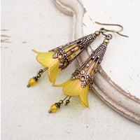 long Lucite Flower Earrings in Iridescent Golden Yellow and Orange with antiqued brass filigree