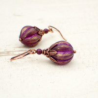Purple Artisan Czech Glass Melon Bead Earrings with Antiqued Copper