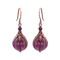 Purple Artisan Czech Glass Melon Bead Earrings with Antiqued Copper