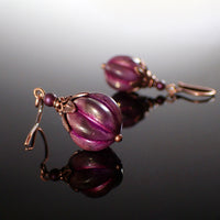 Purple Artisan Czech Glass Melon Bead Earrings with Antiqued Copper