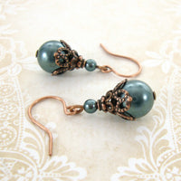 Dark Teal Crystal Simulated Pearl Earrings